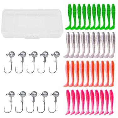 Imagem de Iscas de natação de cauda de remo, 40 peças de iscas de pesca de plástico macio de 6 cm e 10 anzóis com caixa, iscas de natação de robalo com 4 cores, para truta, tipo de peixe, robalo, água doce