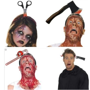 Imagem de Bandanas assustadoras para fantasia de Halloween, 4 pacotes de plástico de borracha, cortador de machado e tesoura na cabeça, acessórios de zumbi maquiagem para adolescentes, homens, mulheres, adultos