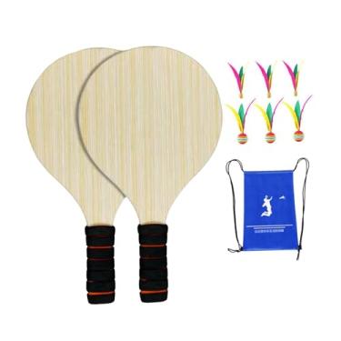 Imagem de UGPLM Conjunto de raquetes de badminton de madeira com 2 raquetes, versátil, 32,5 x 18 cm, para reuniões familiares, acessórios com empunhadura de espuma