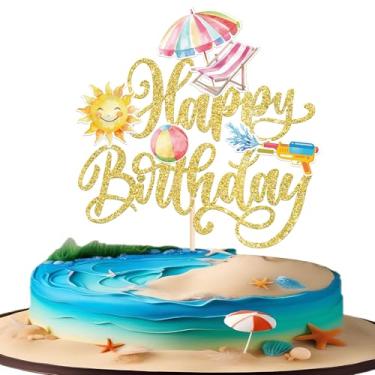 Imagem de Rsstarxi 1 Pack Summer Beach Happy Birthday Cake Topper Beach Birthday Cake Decorations Ball Sun Umbrella Water Gun Pool Cake Pick for Hawaiian Holiday Baby Shower Party Decorations Gold