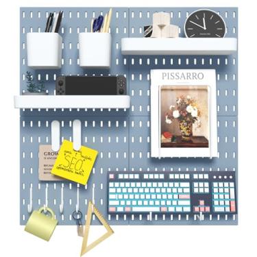 Imagem de VEOFEMLEA Kit combinado de tabuleiro perfurado, 4 painéis de pinos azuis para paredes, organizador de parede de escritório, parede de sala de jogos, armazenamento de berçário, 22 x 22 polegadas