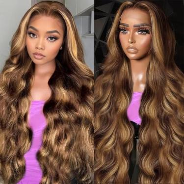 Imagem de Peruca frontal de renda ombré destacada cabelo humano 200% densidade realce peruca cabelo humano 33x6 Ombre onda corporal peruca loira mel 76 cm marrom alto