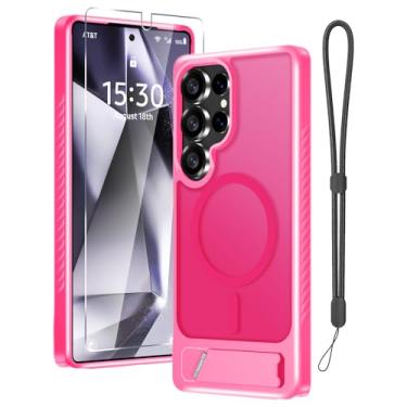 Imagem de Capa para Samsung Galaxy S25 Ultra com protetor de tela + alça de pulso, capa magnética translúcida fosca robusta fina embutida com suporte invisível [apto para MagSafe], rosa choque 2025