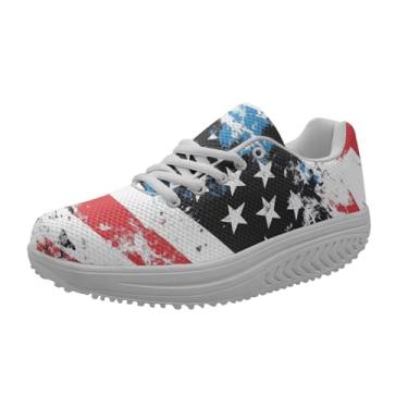 Imagem de FOR U DESIGNS Sapatos plataforma fitness feminino caminhada casual sapatos de salto alto para uso ao ar livre para adolescentes, Bandeira americana, 38