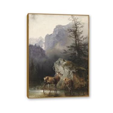 Imagem de Paisagem do país europeu floresta veado céu pôster vintage impressão em tela pintura de parede decoração de quarto para sala de estar quarto (70 x 50 cm (28 x 20 pol) moldura pronta para pendurar