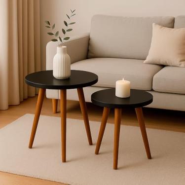 Imagem de Kit 2 Mesas Cora de Canto Redondas Pé Palito MDF Preto Mesa Lateral para Sala Quarto Escritório