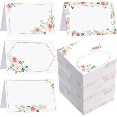 Imagem de Honoson 120 cartões florais para mesa de 8 x 5 cm, cartão de assento em branco preenchível, barraca de flor rosa, cartão de nome dobrável para casamentos, festas, banquetes, chás de bebê, assentos