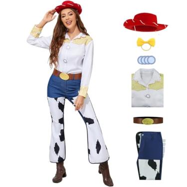 Imagem de Jessie fantasia feminina clássica brinquedo vaqueira história Halloween roupa adulto Jessie camisa calça chapéu cinto conjunto hippie, Branco, azul, PP