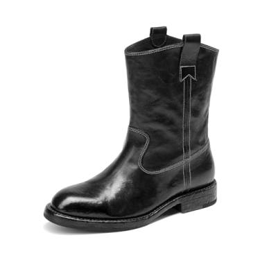 Imagem de BEAU TODAY Botas femininas caubói, botas femininas de couro de cano médio ocidental, botas de cano baixo, sem cadarço, largas, com salto baixo, elegantes e casuais, Preto, 36