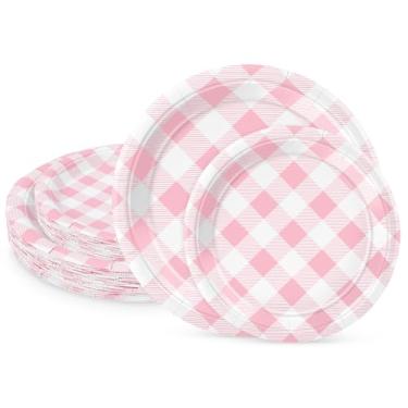 Imagem de LIKAJON 50 peças de pratos de papel xadrez rosa e branco, 25 peças de 23 cm e 25 peças de pratos de sobremesa descartáveis de 17 cm para dia dos namorados, chá de bebê, aniversário, formatura
