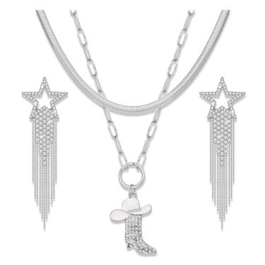 Imagem de JERTOCLE Joias ocidentais para mulheres strass, colar de botas de cowgirl, conjunto de brincos com franja de estrela, clipe de papel, colar de corrente, colar de corrente de concerto country
