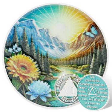 Imagem de Leafence Moeda AA Sobriedade Serenidade Oração Recuperação Chip Montanha e Natureza Design Medalhão AA Inspirador Sobriedade Token para Marcos de Recuperação (Daylight Mountain Sunrise, 7 Anos)