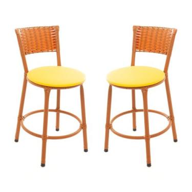 Imagem de KIT 2 Banqueta Baixa Encapada Junco IMBUIA Bar Bistro Americana Cozinh