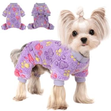 Imagem de Kosiyi Pijamas de lã para cães de outono e inverno para cães pequenos, meninas, meninos, leves, quentes, estampa de patas, pijamas macios e elásticos para cães, roupas para cães, suprimentos para