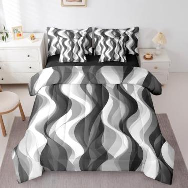 Imagem de Erosebridal Conjunto de edredom queen listrado preto e branco, cinza, moderno, geométrico, abstrato, em uma bolsa para mulheres e homens, roupa de cama minimalista com listras fluidas fluidas