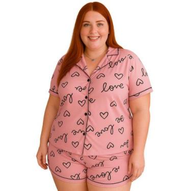 Imagem de Pijama Americano Estampado Plus Size Blusa com Botões que Abrem e Shor