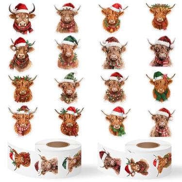 Imagem de BkeeCten Christmas Highland Cow Stickers - 2 Rolls with 16 Designs Waterproof Self-Adhesive Decals for Gift Wrapping, Kids Crafts, Water Bottles, Laptop Decor, Family Holiday Activities & Pet Lover Gi