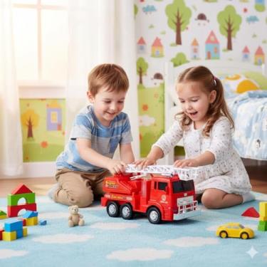 Imagem de Caminhão de Bombeiro Interativo com Luz e Som – Brinquedo Educativo Infantil 3+ Anos | Movimento Automático Bate e Volta, Parte Superior Móvel e Luz LED – Diversão e Coordenação Motora