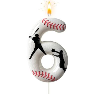 Imagem de Vela número de aniversário de beisebol, número 6 velas para topo de bolo, decoração de bolo ideal para festas de aniversário, aniversário de casamento e outras celebrações (andle 6)