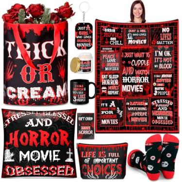 Imagem de Buryeah 9 peças de presentes de filmes de terror para fãs de filmes de terror, conjunto de presentes engraçados de Natal para mulheres inclui 152 x 127 cm, cobertor, caneca, bolsa, bolsa, fronha