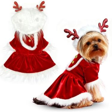 Imagem de Idepet Vestido de Natal para cães com cabeça, fantasia de cachorrinho, Papai Noel, animal de estimação, cosplay, festa, saia de veludo, roupas de Natal, roupas para meninas, vestidos vermelhos