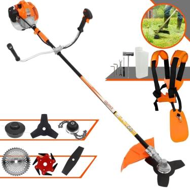 Imagem de Roçadeira Robusta Vulcan VR520H À Gasolina 52cc 2,5HP Alta Rotação Para Todos os Tipos de Trabalho Com Carretel de Nylon + Kit de 5 Lâminas de Cortes