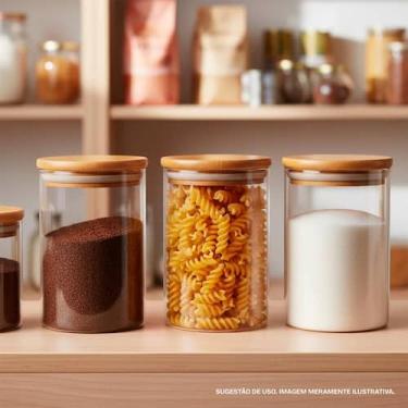 Imagem de Kit 3 Potes De Vidro Tampa Bambu Hermético Organizador 700ml Transpare