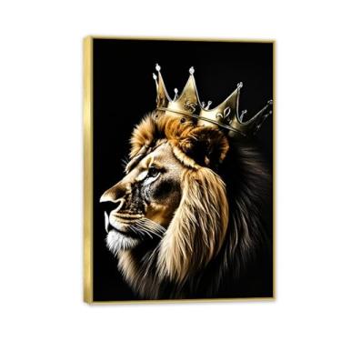 Imagem de Rei Leão com Coroa Dourada Arte de Parede em Tela de Animais Selvagens Africanos Impressões de Imagem Arte Moderna para Quarto, Pinturas de Leão, Decoração de Parede, Escritório, Quarto, 100 x 70 cm