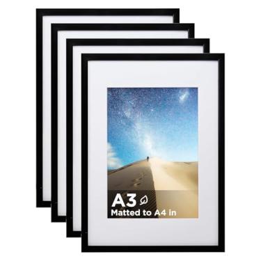 Imagem de KINLINK Conjunto de 4 porta-retrato A3 preto, molduras de madeira foscas A4 com acrílico para A4 com tapete ou A3 sem tapete para exibição de parede