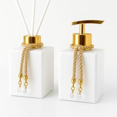Imagem de Kit Difusor e Saboneteira de Vidro 250ml com Varetas e Cordões Decorativos – Aromatizador Luxo Transparente para Banheiro, Lavabo e Presente Elegante (Branco Total C/Dourado)