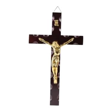 Imagem de WeiLaiKeQi Crucifixo de parede de madeira, cruz de Jesus, crucifixo decorativo, escultura cristã de Jesus, pingente para entrada de sala de estar, Páscoa, casa, Jesus Dourado 17.3x30cm