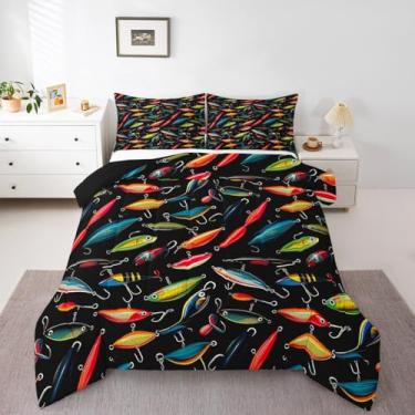 Imagem de Feelyou Conjunto de cama solteiro com anzol, caça aos peixes, para crianças, meninos e meninas, decoração rústica, decoração de casa, 1 edredom + 1 fronha