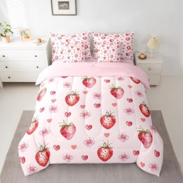 Imagem de jejeloiu Jogo de cama kawaii, tamanho casal, de morango, 7 peças, para crianças, meninos, meninas, decoração de quarto de flores, microfibra leve e macia