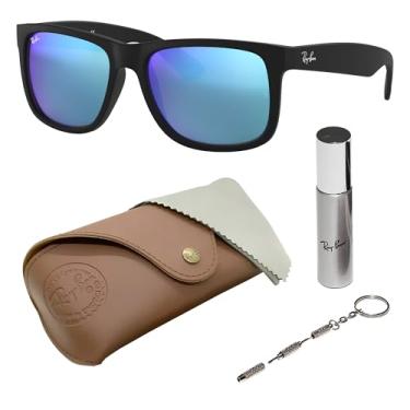 Imagem de Ray-Ban RB4165F Óculos de sol quadrados para homens e mulheres com kit oficial RAYBAN Eyewear, Armação preta de borracha fosca | Lente espelhada azul, 55 mm