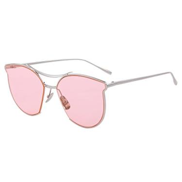 Imagem de Óculos de sol femininos modernos com armação de metal, lentes espelhadas, vintage, feixe duplo, Armação prateada/lente rosa, Lens Width: 60 Millimeters