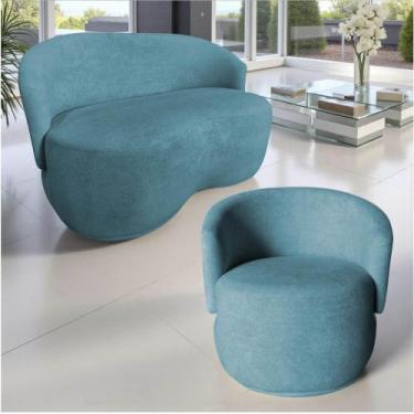Imagem de Kit Namoradeira + Poltrona Decorativa Beatriz Orgânica Bouclé Azul Tur