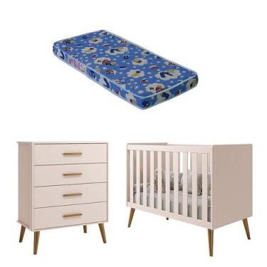 Imagem de Berço Americano e Cômoda Gaveteiro Infantil Isis Rosa Acetinado com Co