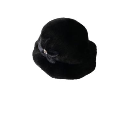 Imagem de Chapéu feminino de flor de pele térmica chapéu de inverno elegante design peplum tendência pele bacia chapéu preto G