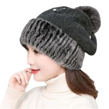 Imagem de Chapéu feminino de malha de inverno de lã doce casual de vison gorro elástico elegante cor boina