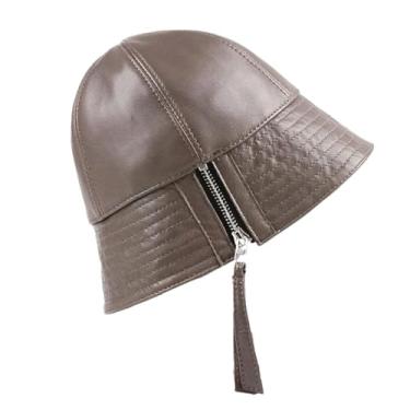 Imagem de Chapéus femininos de couro genuíno com zíper cor doce para bacia chapéus de pesca com tiras, Caqui, 56-57 CM