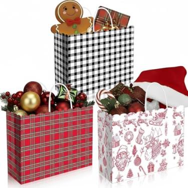 Imagem de Yexiya 24 sacos grandes de presente de papel de Natal xadrez búfalo vermelho 40 x 15 x 30 cm, sacos de presente Kraft de Natal com alças reutilizáveis para presente de presente de Natal com alça para
