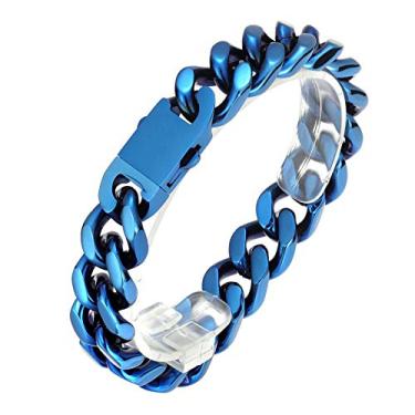 Imagem de ROWIN&CO Sturdy and Thick 316L Stainless Steel Bracelets Mens Women Gold/Silver/Black/Rainbow Multicolor Tone Miami Curb Cuban Link Chain, 7.67-9 Inch (Blue, 8.5)