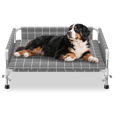 Imagem de Cama elevada para cães com cerca de três lados e almofada removível - pés antiderrapantes, design estável, montagem fácil, relaxamento interno e atividades ao ar livre para cães Meduim, conforto para