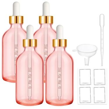 Imagem de Bumobum Frasco conta-gotas de 118 ml, frasco conta-gotas de vidro rosa com conta-gotas medido e tampa dourada, frascos vazios de tintura de olhos com funil, pipeta e etiquetas para soros de óleos