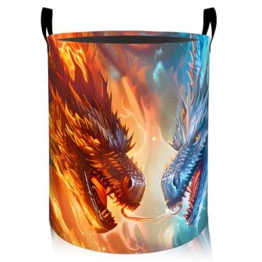 Imagem de ainori Cesta de roupa suja de dragão feroz, pano Oxford, fantasia épica, cesto dobrável para decoração de quarto, estampa de animais de fogo e gelo, organizador de brinquedos 40 x 40 cm para quarto