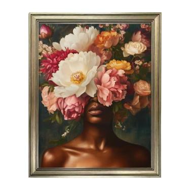 Imagem de Retrato de menina negra emoldurado vintage pintura a óleo mulher negra pop arte de parede arte moderna floral impressão em tela arte para sala de estar quarto decoração de parede