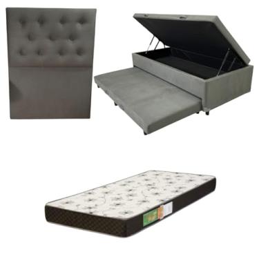Imagem de Cama Box Baú Solteiro com Auxiliar (Bicama) + Colchão Solteiro Espuma D20 12cm | Kit Completo com Cabeceira Botonê Opcional | Diversas Cores (3, SUEDE CINZA, COM CABECEIRA)