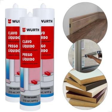 Imagem de Kit 3 prego liquido wurth adesivo cola para roda pé polietileno/madeir
