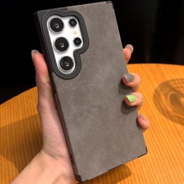 Imagem de Capa de couro luxuosa com estampa de luxo para Samsung S25 S24 S23 S22 Ultra Plus, proteção magnética de quatro cantos à prova de quedas (para Samsung S25Plus/cinza escuro)