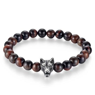 Imagem de RGEMCY Pulseira masculina de olho de tigre de 8 mm com detalhes em pedra relâmpago, com pingente de cabeça de lobo de aço inoxidável, pulseira elástica estilo viking, 8.27Inches, Olho de tigre Ágata